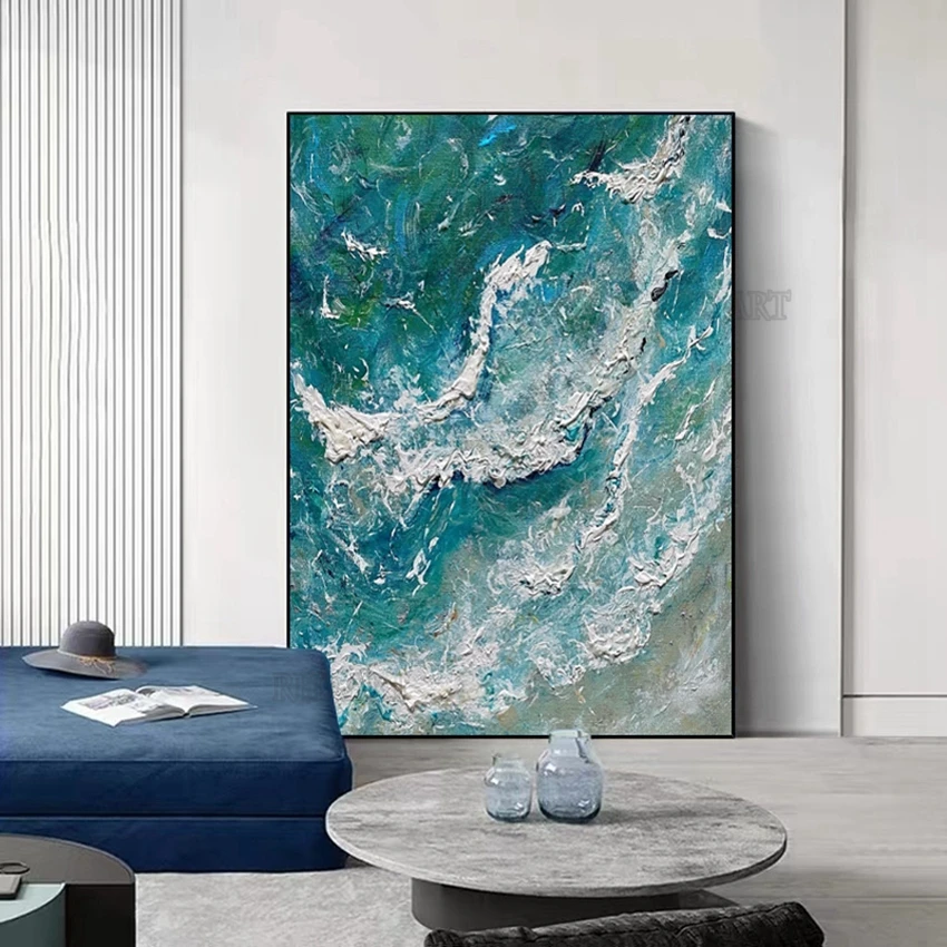 Hand Painted Abstract Thick Acrylic Sea Wave Picture, Unframed Oil Painting, Canvas Luxury Wall Art, Home Decor Murals Artwork