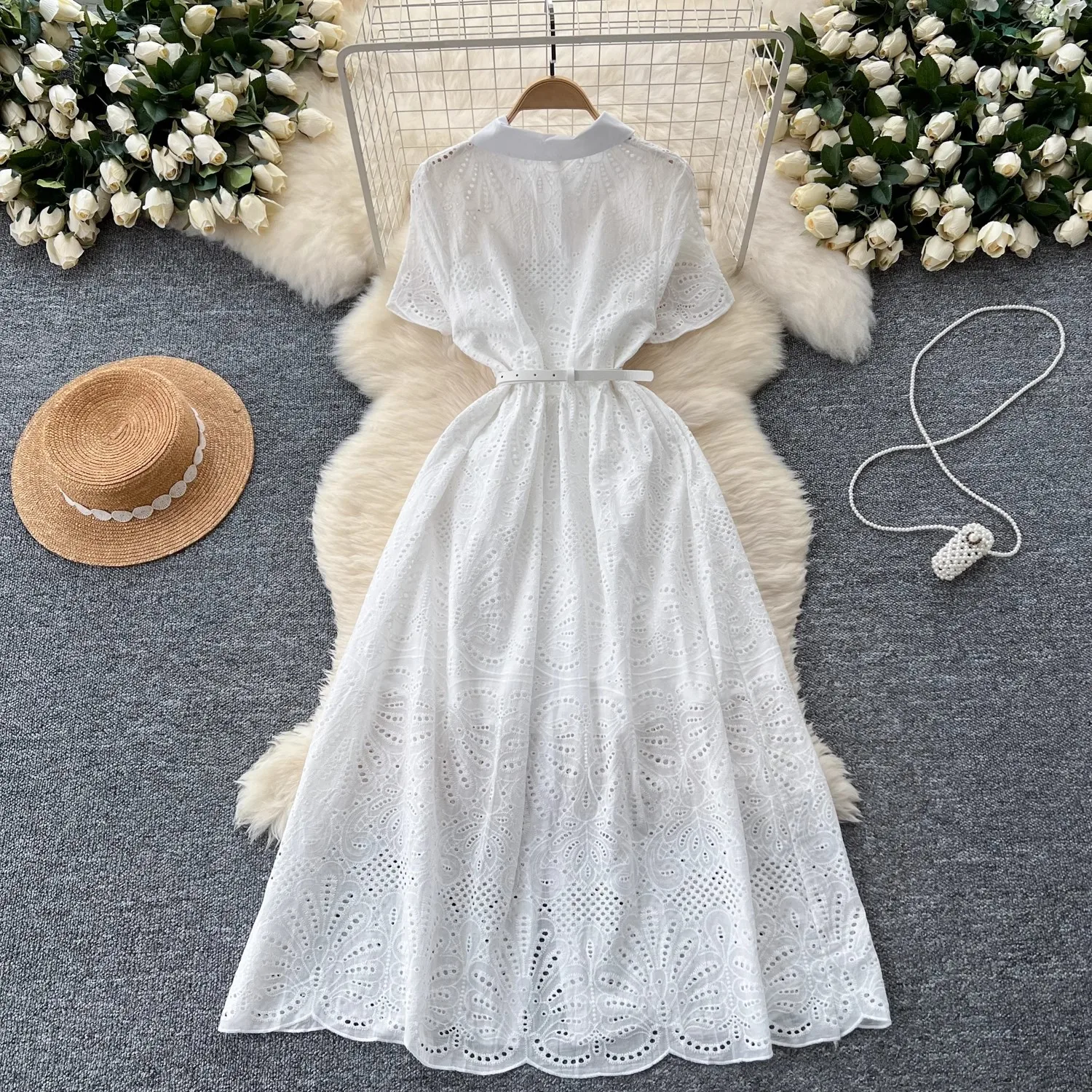 French Chic Summer Embroidery Lace Cotton Shirt Dress Women's Short Sleeve Turn Down Neck Hollow Out Elegant Party Vestidos