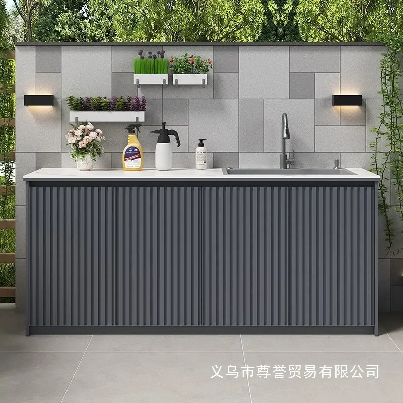 Outdoor Aluminum Alloy Rock Slab Washbasin Integrated Sink Laundry Cabinet Garden Sunscreen Locker