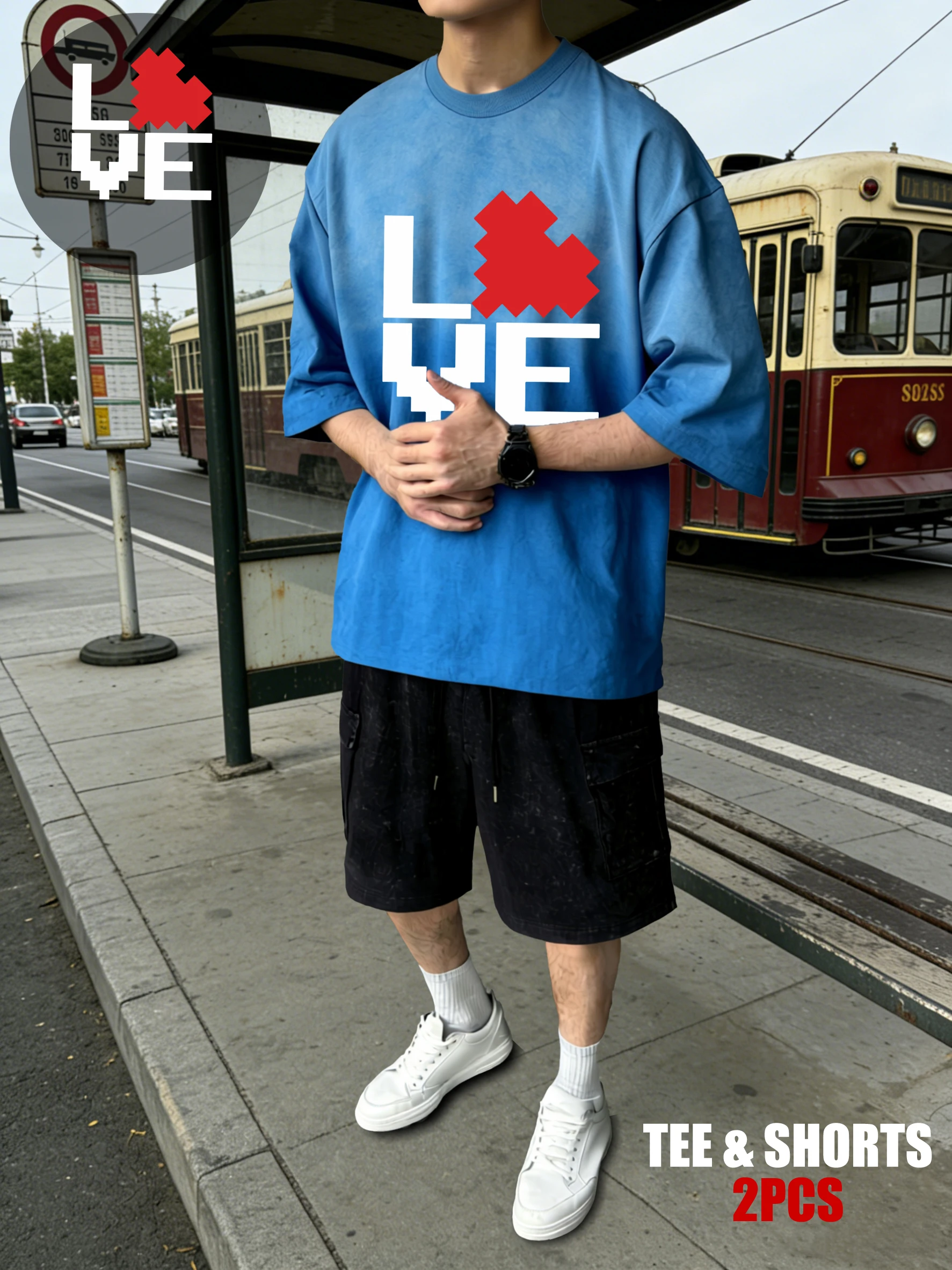 

Creative Red Love Print Retro Tee Shirt Men Soft Cotton Tee & Shorts O-Neck Fashion Clothing Unisex Summer Tie-Dye Short Sleeve