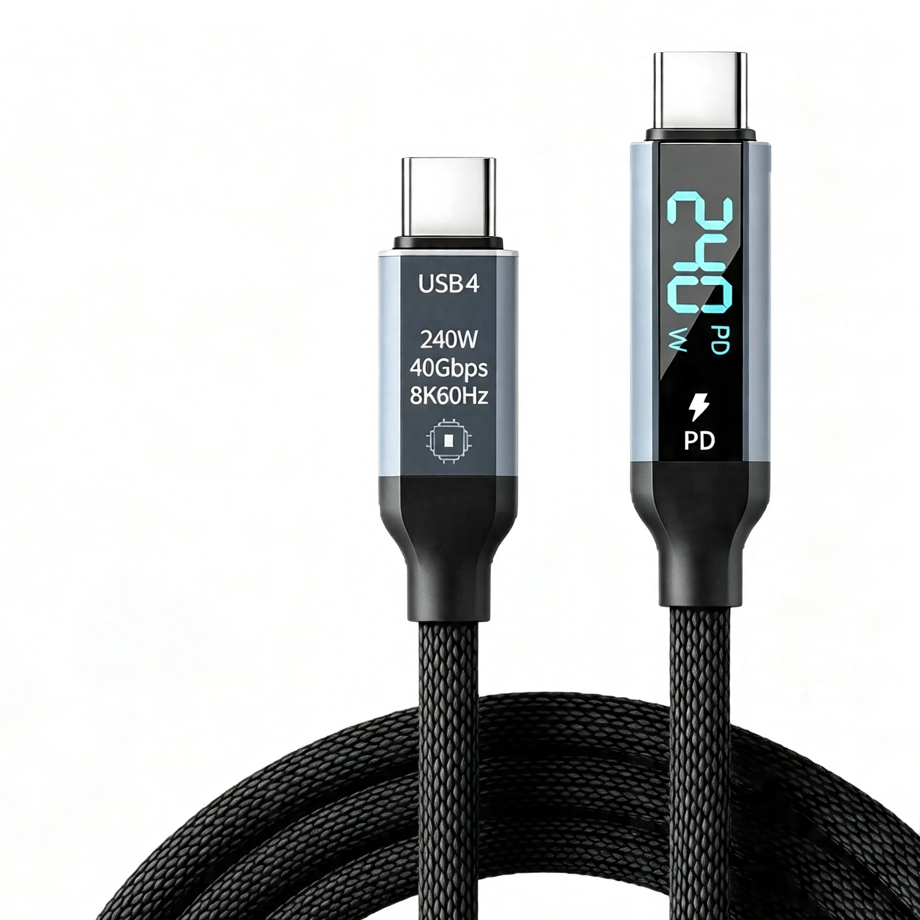 Câble USB-C vers USB-C PD 240W avec affichage numérique, transfert vidéo 8K HD, diffusion d'écran, transfert de données haute vitesse 40 Gbit/s, cordon tressé pour ordinateurs portables et téléphones
