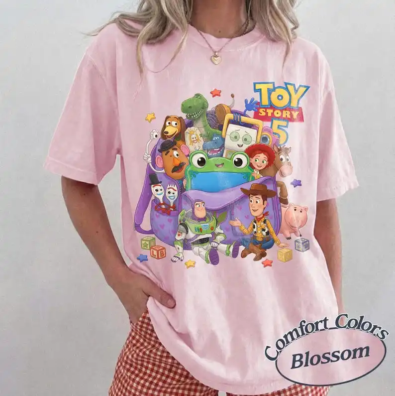 Cartoon Backpack Toy Character Matching Family Tee, Colorful Playful Figure Print For Amusement Park Parent-child Trip Outfits