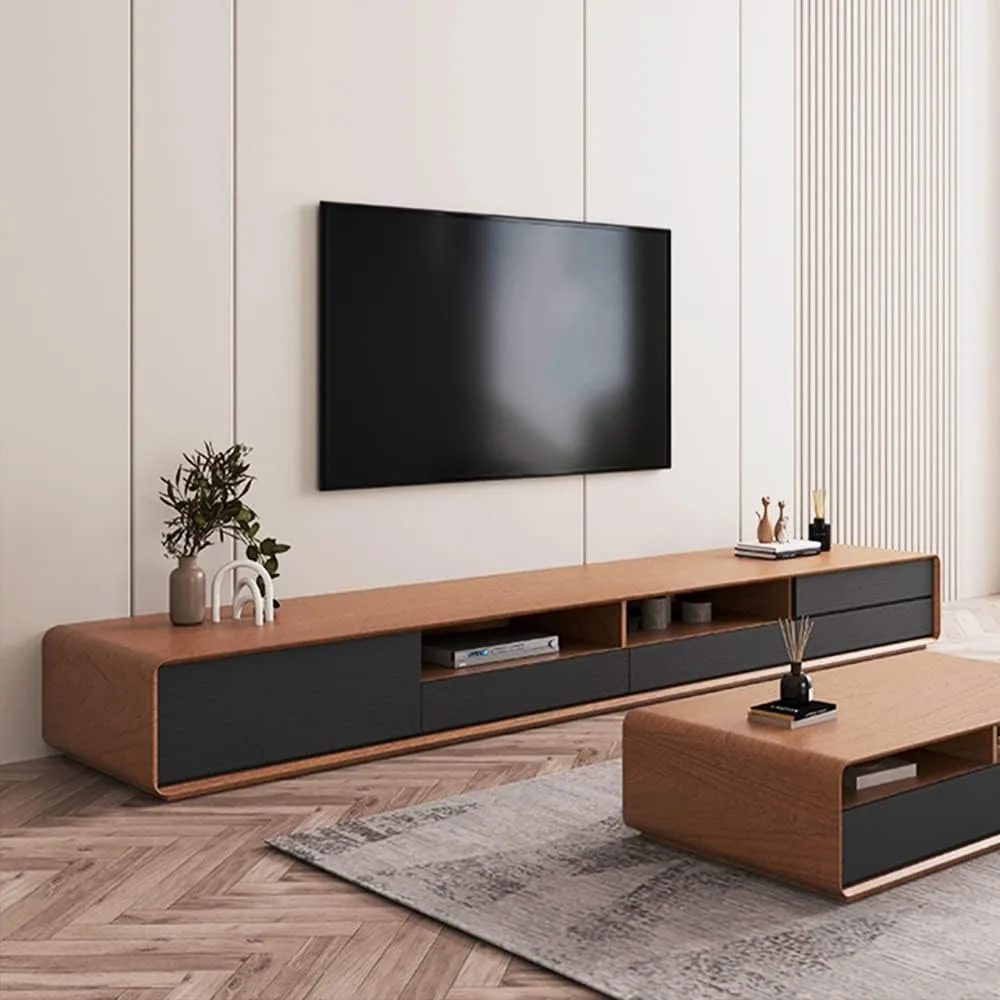 

Modern 94" Solid Wood TV Stand, Lowline Media Console with 4 Drawers, Open Storage Cabinet, Walnut Veneer, Fully-Assembled