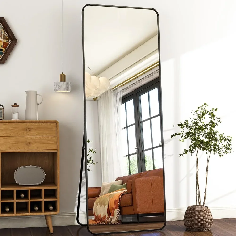 

21" x64“ Rounded Full Length Mirror Aluminum Frame Black Full Length Floor Mirror with Stand for Living Room Cloakroom