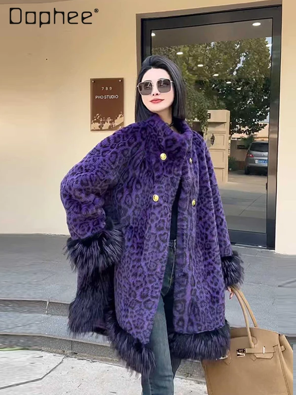 Stehkragen, Quaste, Leopardenmuster, verdickt, umweltfreundlich, Kunstpelzmantel, modischer europäischer Stil, lockerer, vielseitiger, schicker Kunstpelzmantel