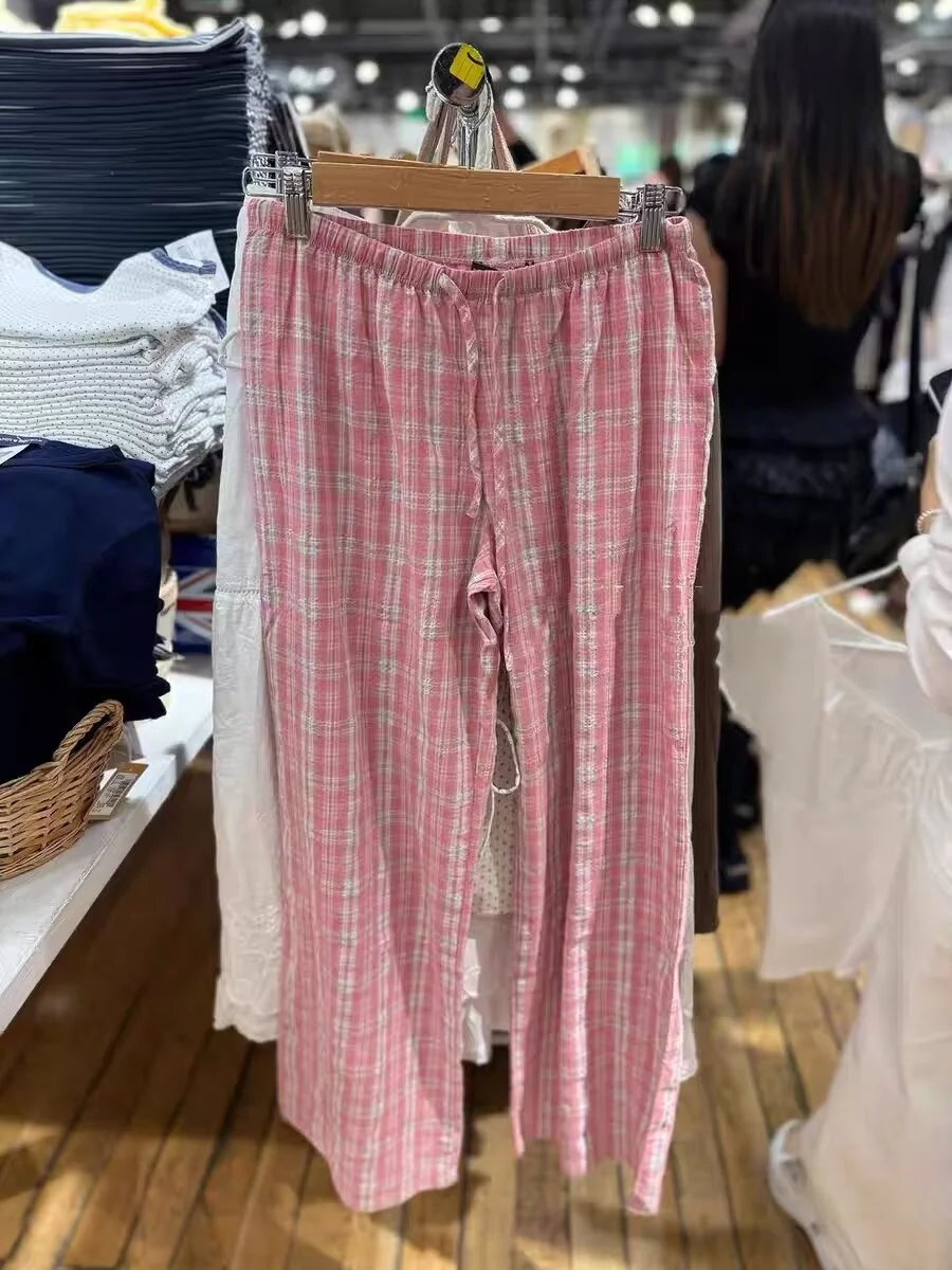 Pantaloni Casual da Donna American Sle Brandy Melville, Rosa a Quadri, Vita Elastica, Modellanti, Versatili, Lunghi, in Cotone, Taglio Dritto