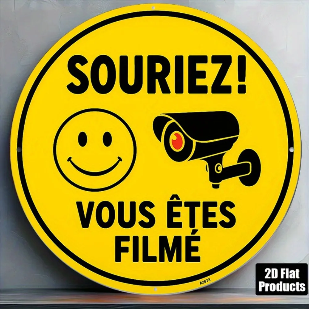 Vintage French Security Camera Sign, Smile You're on Film, Aluminum 8x8 Inch Wall Decor