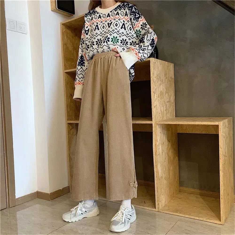 Vintage Corduroy Black Wide-Leg Pants Female Students Autumn 2022 New Korean Loose All-Match Casual Straight Nine-Point Pants