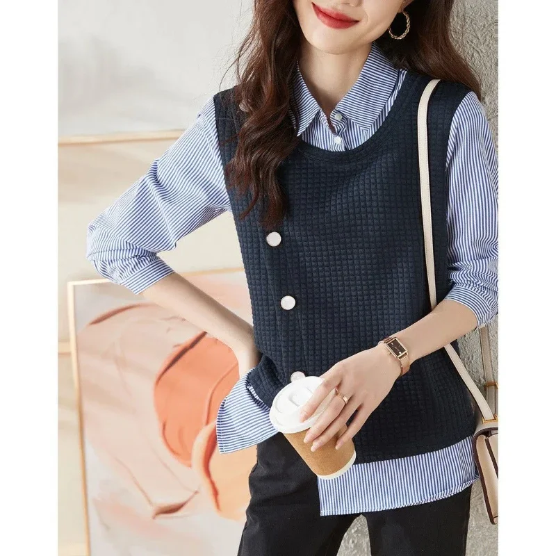 

Fashion Blouse Casual Vintage Women Clothing Fake Two-piece Patchwork Striped Shirts Spring Autumn Long Sleeve Irregular Loose