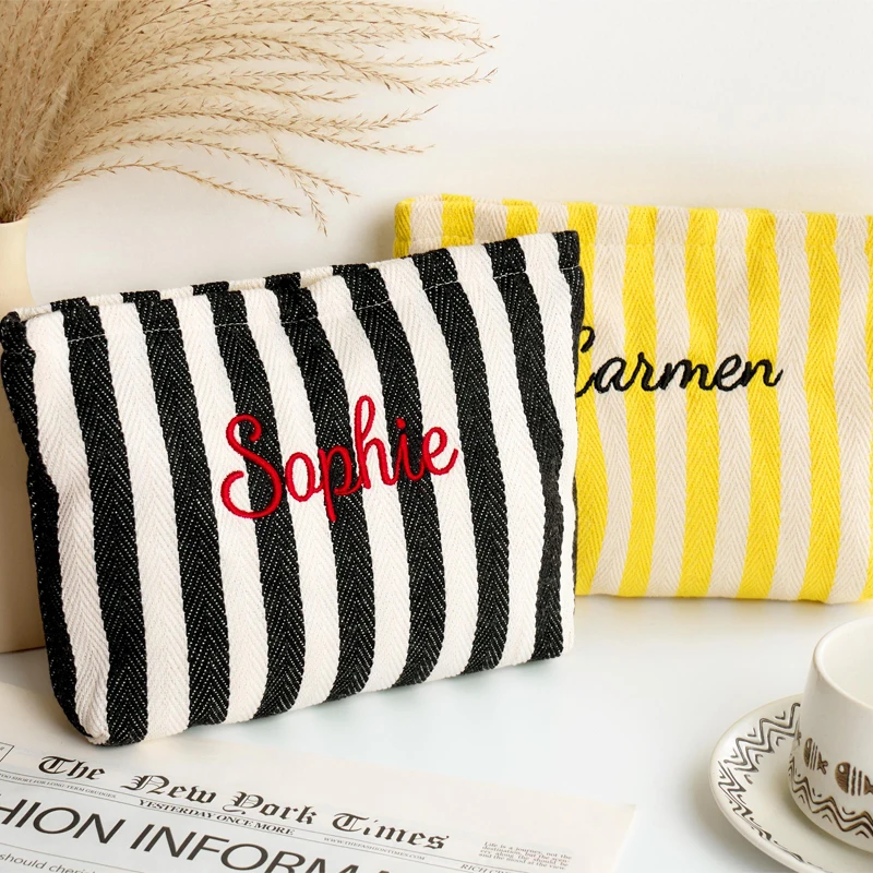 Customized Name Embroidered Striped Cosmetic Bag Fashionable Zippered Multi Functional Foldable Travel Bag for Women Bags