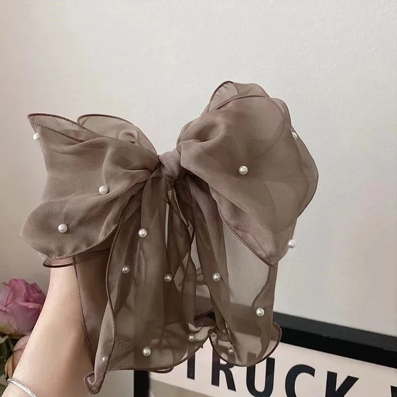 Fashion Ribbon Pearl Bow Hair Clips For Women Elegant Chiffon Bowknot Ponytail Clip Pin Bows Barrette Sweet Headwear Accessories
