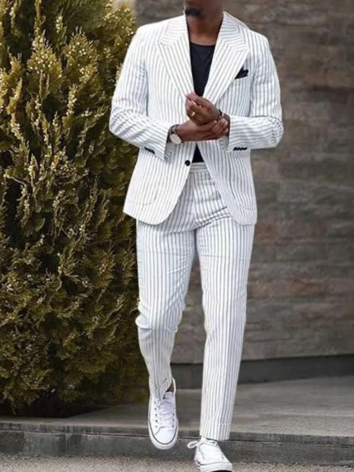 

Haute Menswear Quality Casual British Style Striped Long Sleeve Suit Pants Set Wide Fit Youth Business Leisure Double Slit