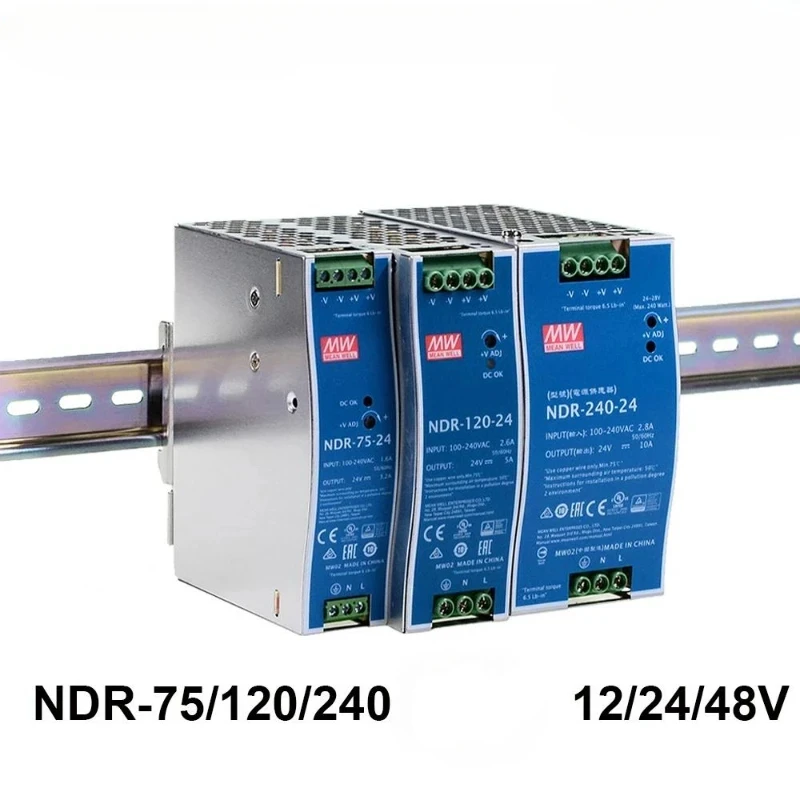 Industrial DIN Rail Mounted Switch Power Supply EDR-75/NDR-75 120 150 240W Output 12/24/48V DC for Railway Applications
