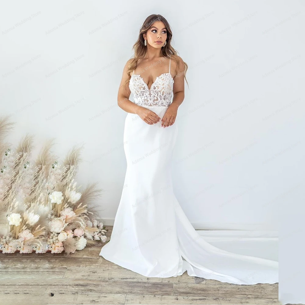 Sexy Mermaid Wedding Dress Lace Appliques Deep V Neck Spaghetti Straps Backless Charming Bridal Gown Robe De Mariee Custom Made