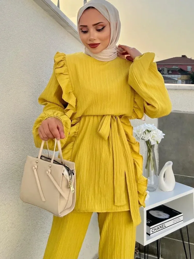 Women Eid Muslim Sets Two Pieces Kaftan Islam Ensemble Blouses Solid Ruffles Belt Wide Leg Pants Arab Casual Loose Pleated