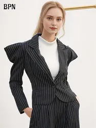 BPN Temperamnet Striped Blazer For Women Notched Collar Long Sleeve Hit Color Splice Button Vintage Blazers Female Fashion Style