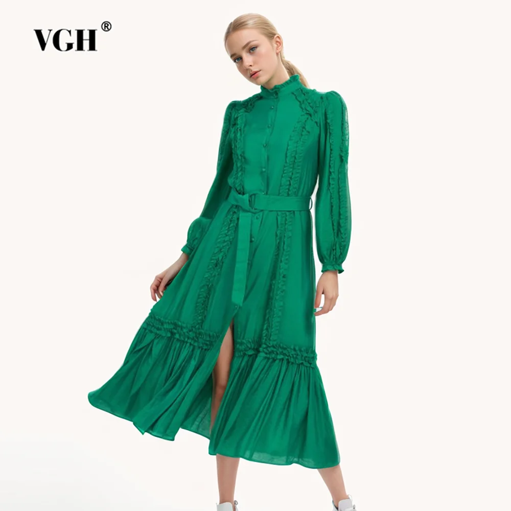 VGH Solid Patchwork Belt Elegant Dresses For Women Stand Collar Long Sleeve High Waist Temperament Dress Female Fashion Style