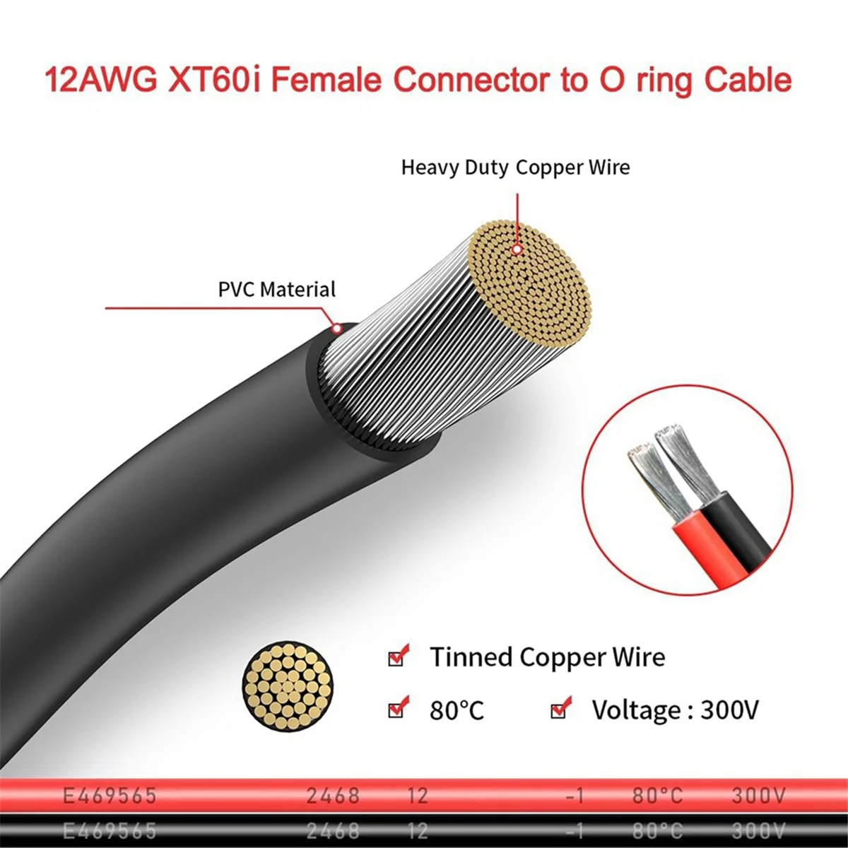 A76I 12AWG XT60i Female to O Ring Connector for RC Battery Solar Portable Power Power Station and Solar Panel 100CM