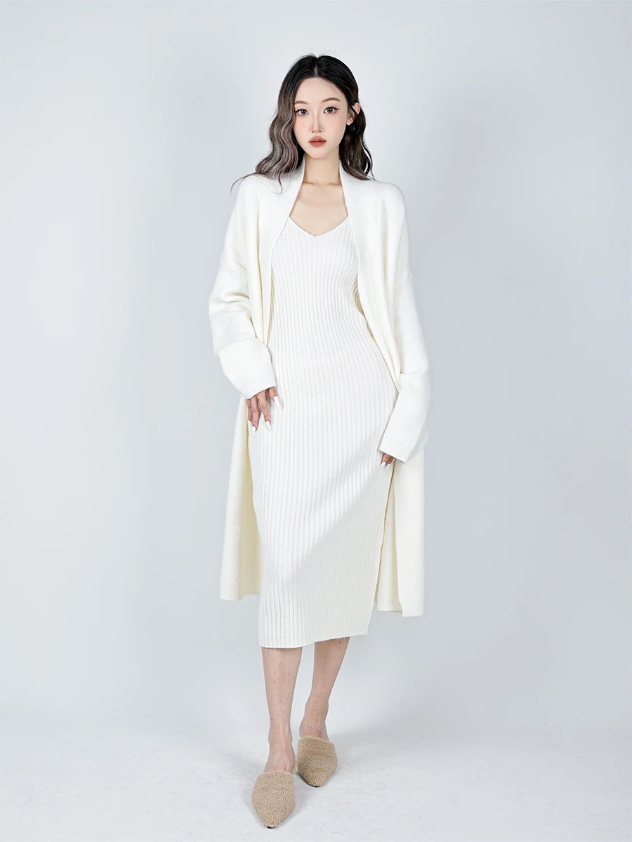 Conjunto de Dos Piezas de Cárdigan de Punto para Mujer Bylu Soft White Moonlight, Estilo Dulce, Cuello en V, Manga Larga, Ajuste Holgado, Poliéster