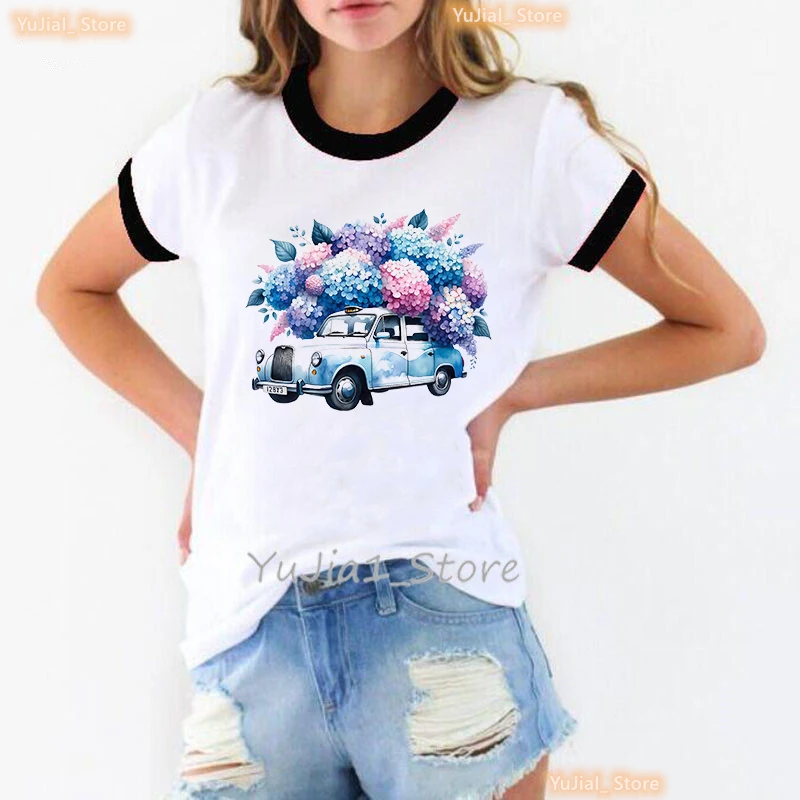 2024 Hot Sale Car Flowers Printed T Shirt Girls Summer Fashion Tshirt Women White Casual  T-Shirt Femme Harajuku Shirt