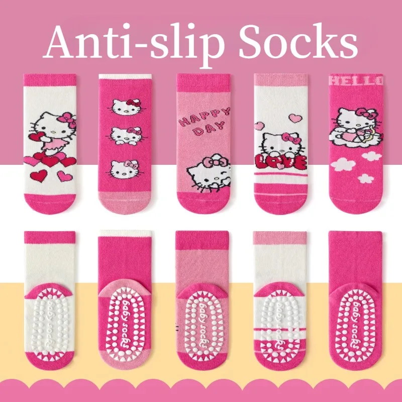 

5 Pairs Kitty Cotton Baby Anti-slip Mid-calf Socks For Boys Girls Mid-calf Floor Kids Toddler Sock With Rubber Grips For 1-12Y