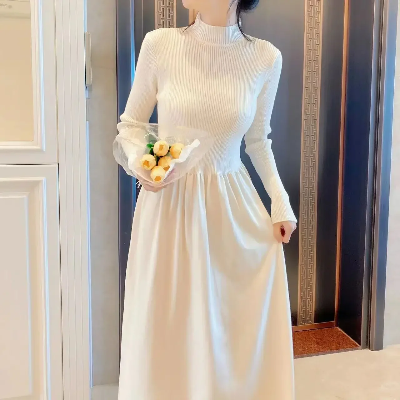 

Pop 2024 Korean Female Autumn And Winter Long-sleeved Knitted Dress Half Turtleneck Bottom Sweater Dress Casual Over The Knee