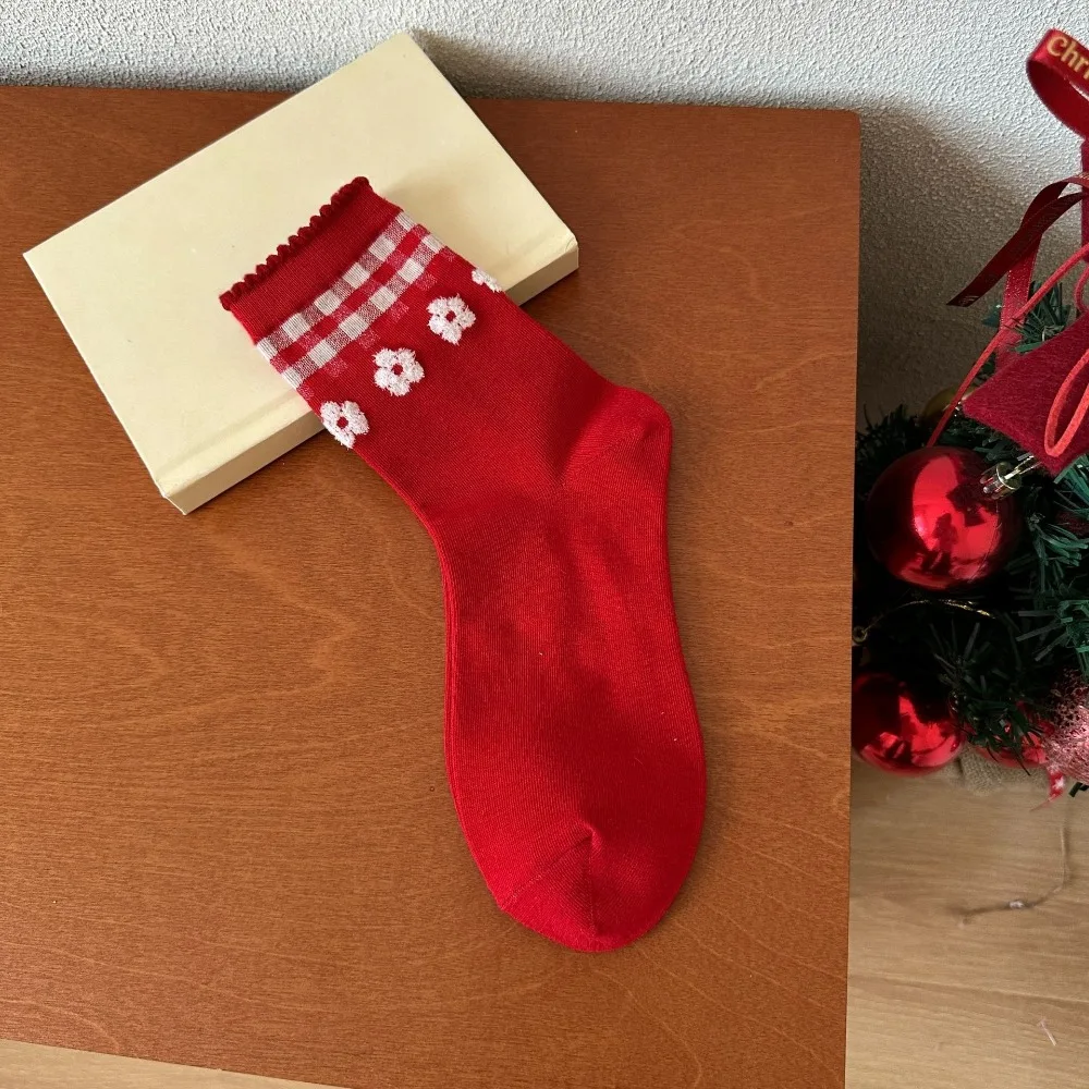 

Lace Combed Cotton Red Socks Soft Breathable Heart Polka Dot Socks Fashion Comfortable Flower Socks Lunar New Year