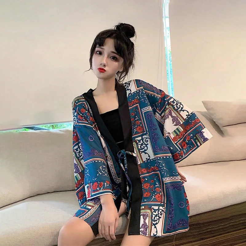Chinese-Style Retro Niche Design Floral Print Kimono Cardigan Summer Beach Vacation One-Piece Bathrobe Cover-Up Sun Protection Shirt Thin Jacket