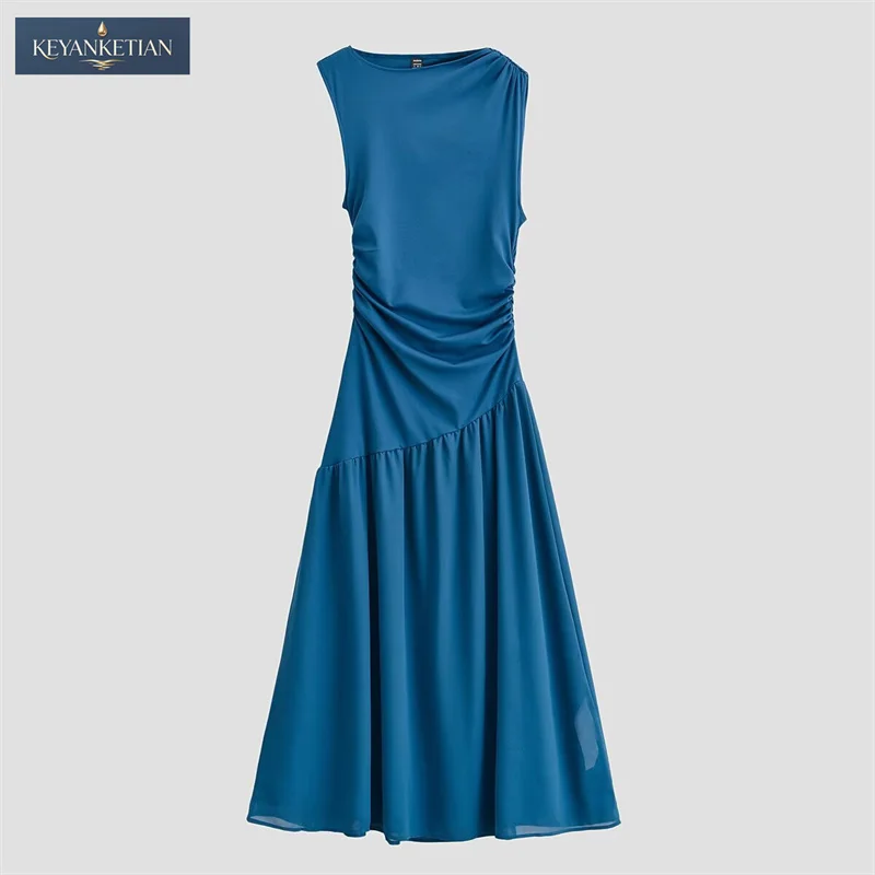 KEYANKETIAN 2026 Romantic Chic Bodycon Maxi Dress Slim Fit Sleeveless Design, Side Ruched Detail Diagonal Ruffle A-Line Dress