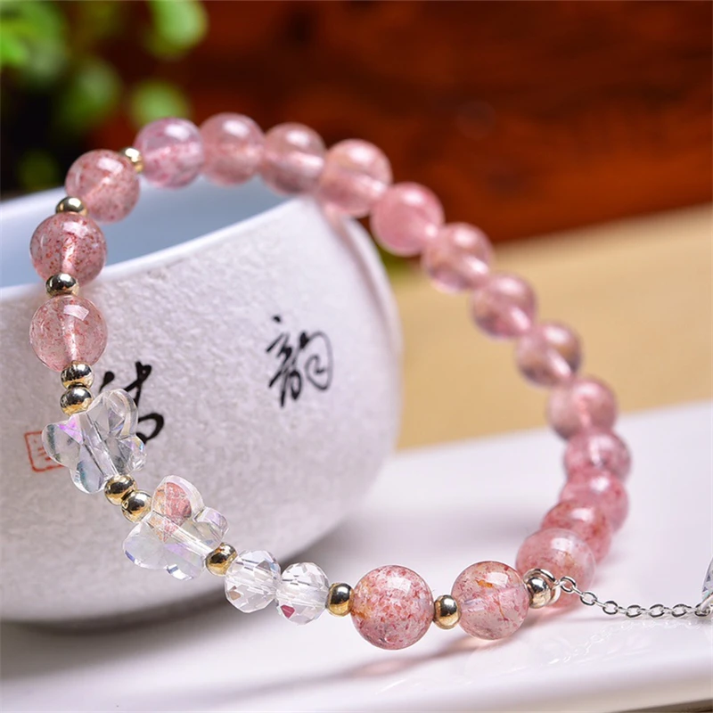 8MM Natural Strawberry Quartz Austrian Butterfly Accessories Bracelet Reiki Fortune Energy Mineral Woman Amulet Jewelry Gift