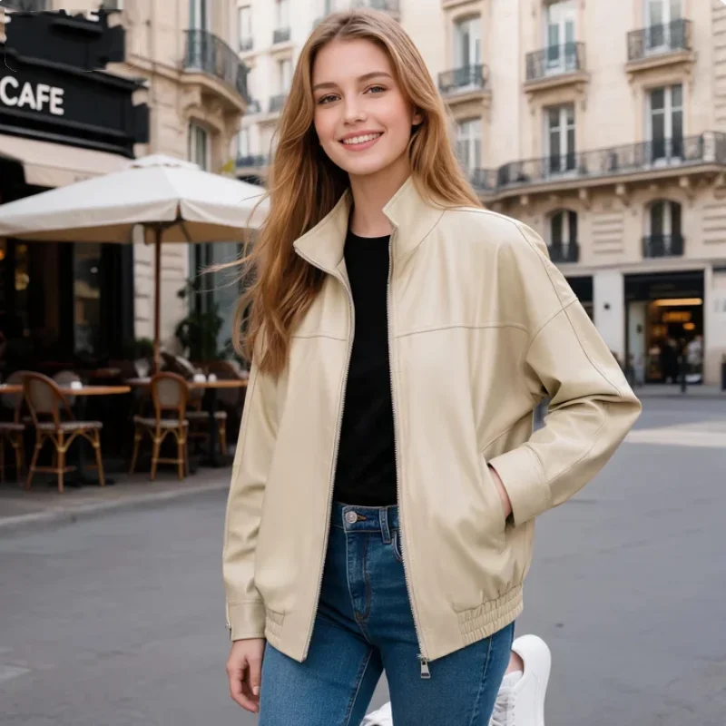Women's Jacket 2026 Fashion Genuine Leather Casual Long Sleeve Zipper Polyester Regular Fit Summer Outerwear
