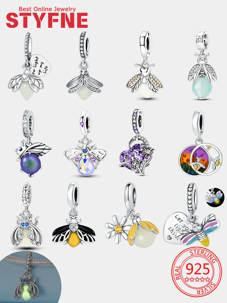

925 Silver Charms Luminous Firefly Purple Zircon Firefly Heart-shaped Beads Pendant Fit Original 925 Bracelet for Women DIY Gift