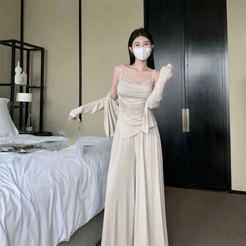 Women Lazy Wind Leisure Cardigan Sling High Waisted Floor Mop Pants Female Spring And Autumn Annals Long Sleeved Three Piece Set