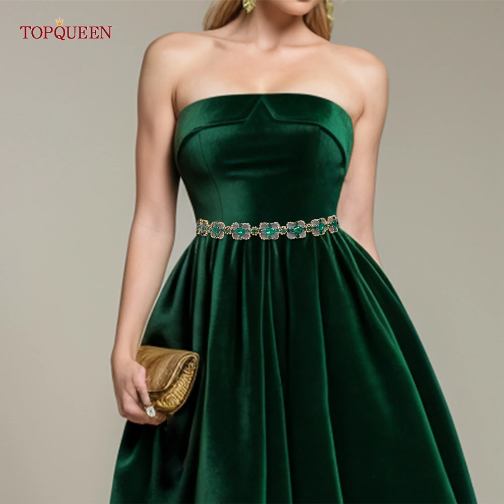 TOPQUEEN Square Shape Green Rhinestone Bridal Belt Wedding Bridesmaid Waist Jewelry Party Prom Important Event Dress Belt S218