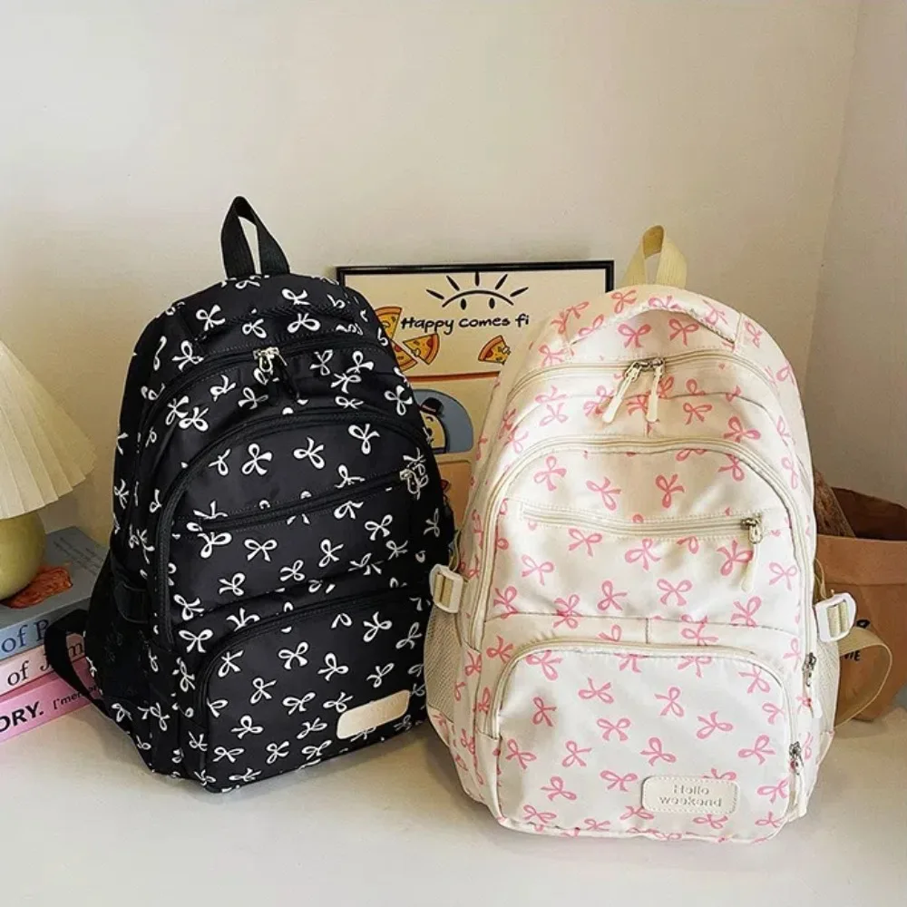 3 pezzi/set zaino con fiocco carino di grande capacità zaino da studente con tracolla regolabile in nylon zaino da viaggio con stampa fiocco