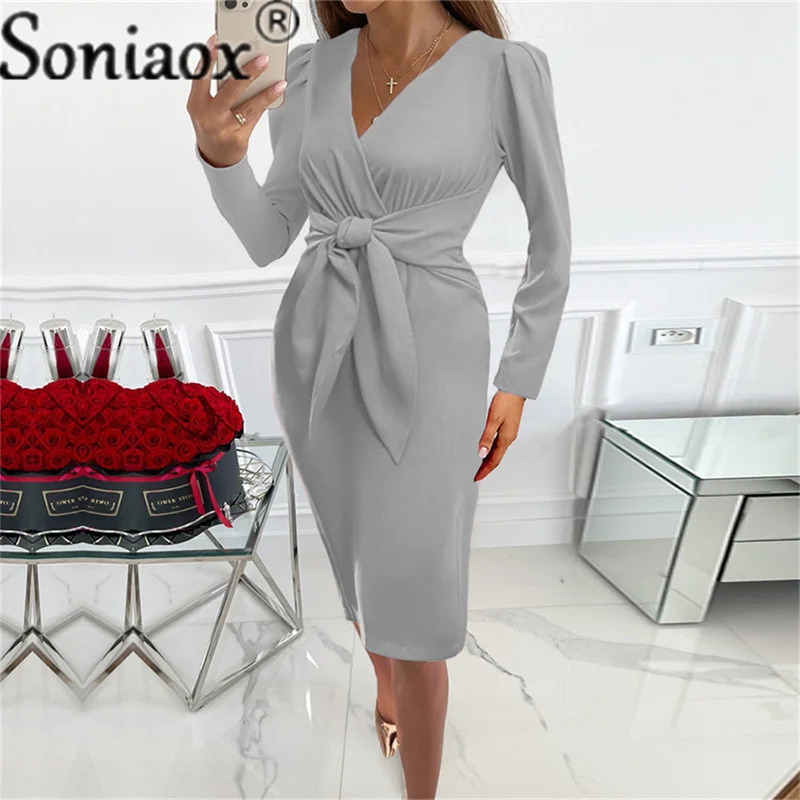 

2022 New Sexy Bodycon Dress Women Long-Sleeved Dress V-Neck Zipper Solid Color Belt Waist Slim Ladies Mid-Length Dress Vestidos