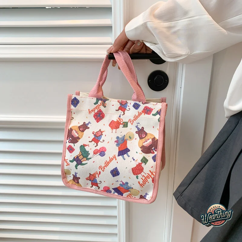 Shoulder Bags Fashion Vintage Women Handbags Cartoon Printing Large Capacity Handbag Portable Lunch Bento Tote Bag Storage Bag