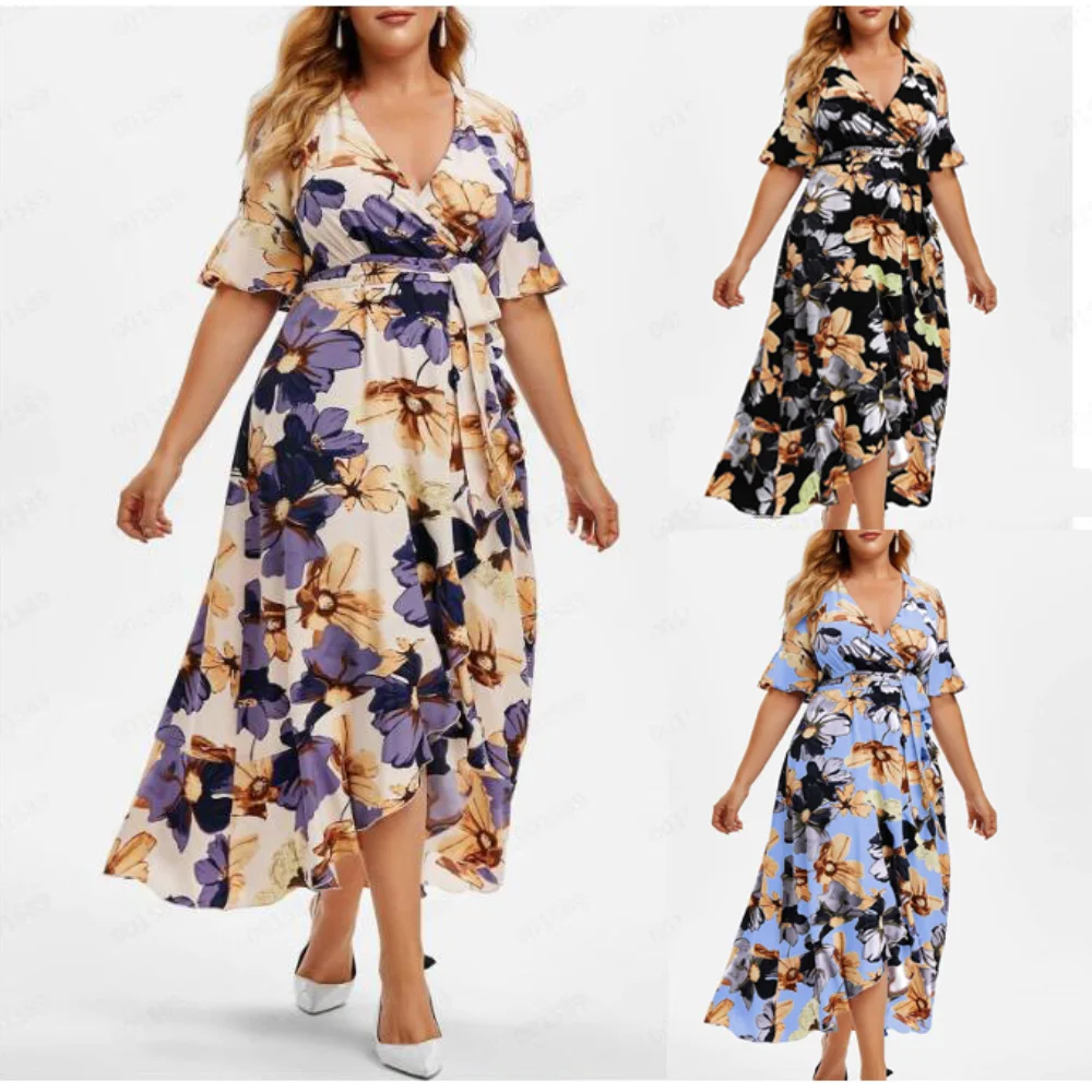 2024 summer Plus-size Casual Boho Dress Irregular Slit Short Sleeves Waisted Slim Long Dresses Women Clothing Streetwear 4XL 3XL