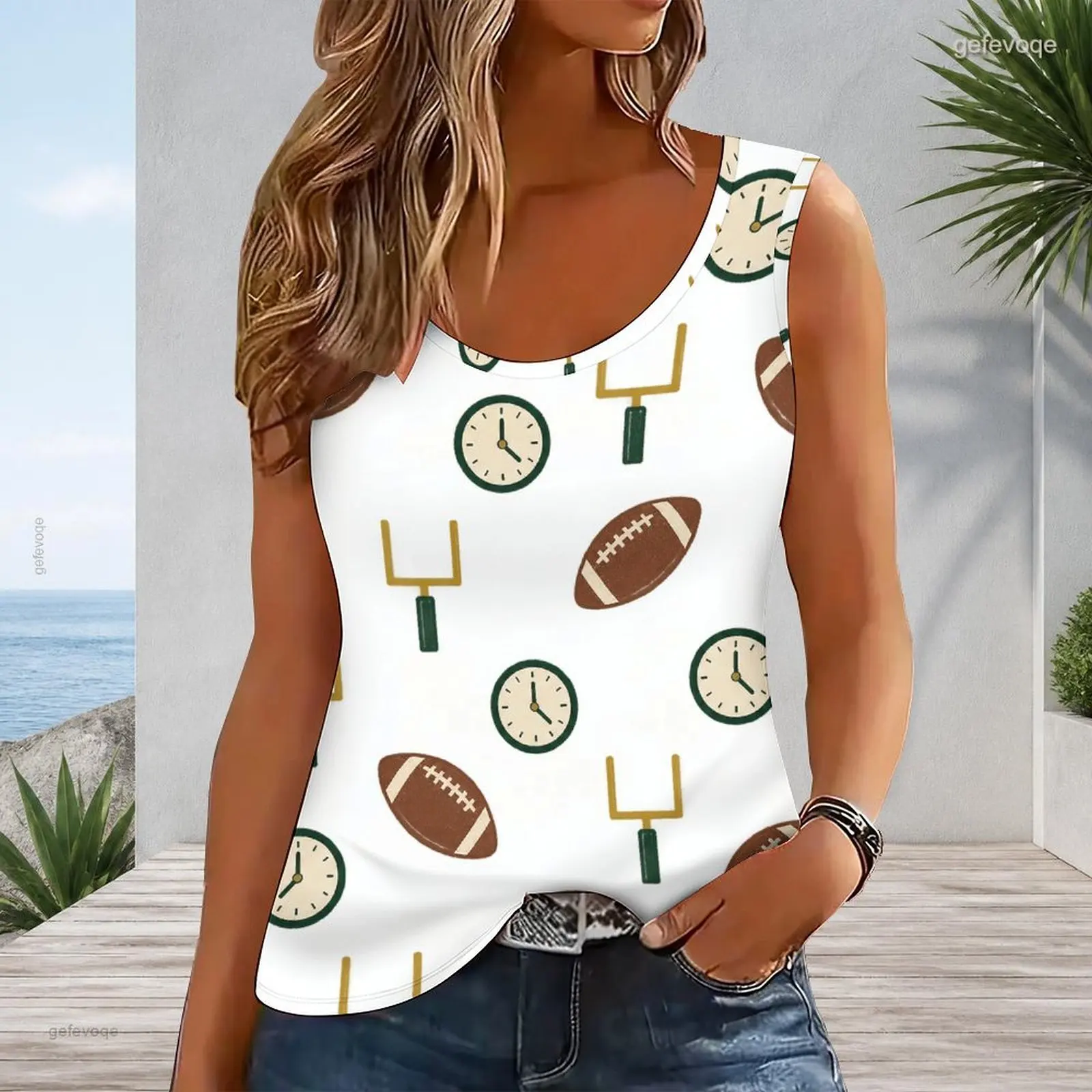 Women Scoop Neck Sleeveless Tank Top, Printed Football Clock and Goal Post Pattern