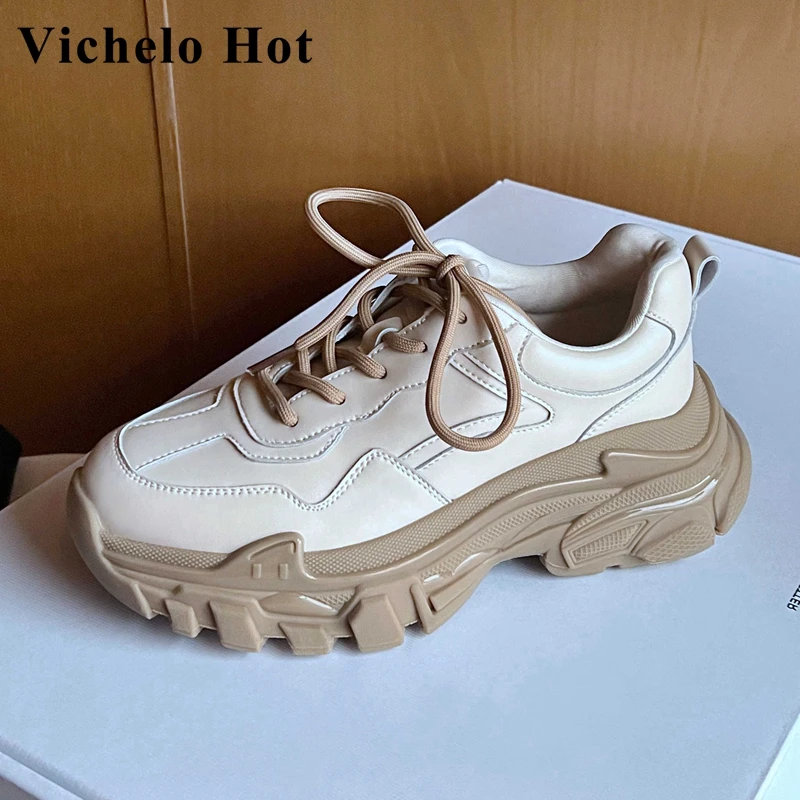 

Vichelo Hot spring new cow split leather round toe thick bottom sneaker leisure comfortable lace up fashion vulcanized shoes L52