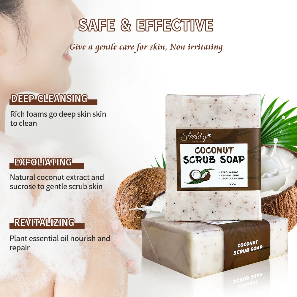 Sleebty Coconut Scrub Soap Wholesale Organic Natural Pure Plant Essence Vegan Whitening Body Care Handmade Facial Cleansing Bar