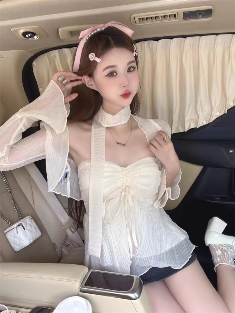 

France Elegant Slim Ruffle Sling Short Tops Women Fashion Loose A Line Sleeveless Top Female Sweet Solid Off Shoulder Clothing