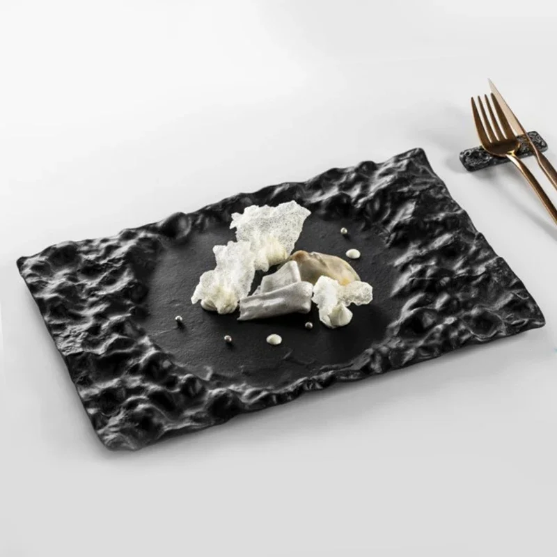 Special-shaped Ceramic Kitchen Tableware Wave Pattern Rectangular Inner Round Fruit Salad Sushi Plate Western Food Steak Plate