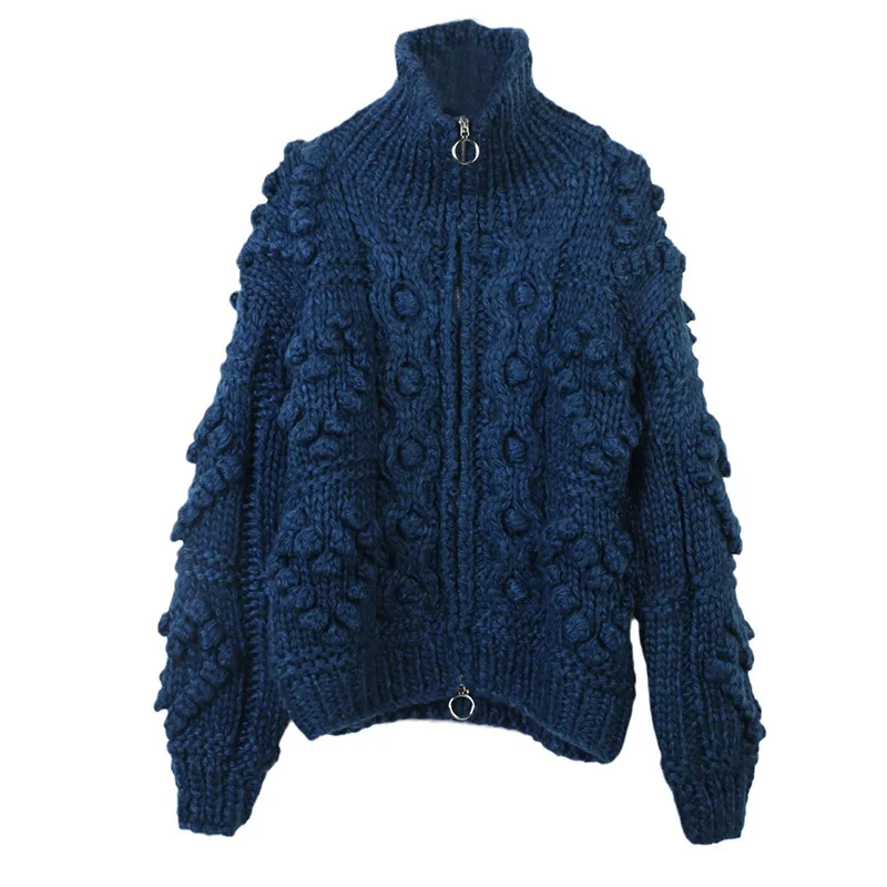 Autumn and Winter New Women's High Collar Long Sleeve Loose Thick Love Stitching Zipper Knitted Cardigan Jacket Ropa Mujer