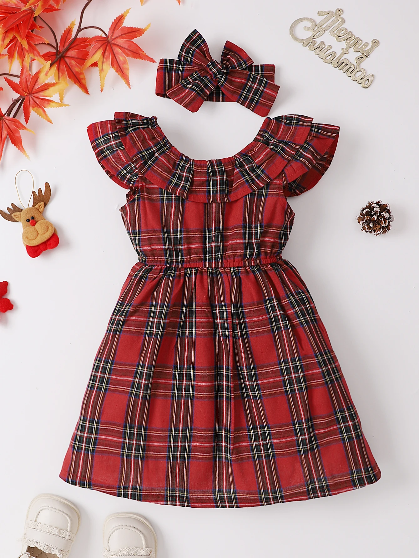 2PCS Children\'s Dress Christmas Sleeveless Classic Plaid O-neck Dress Bow Waist Type A-Line Skirt + Headband