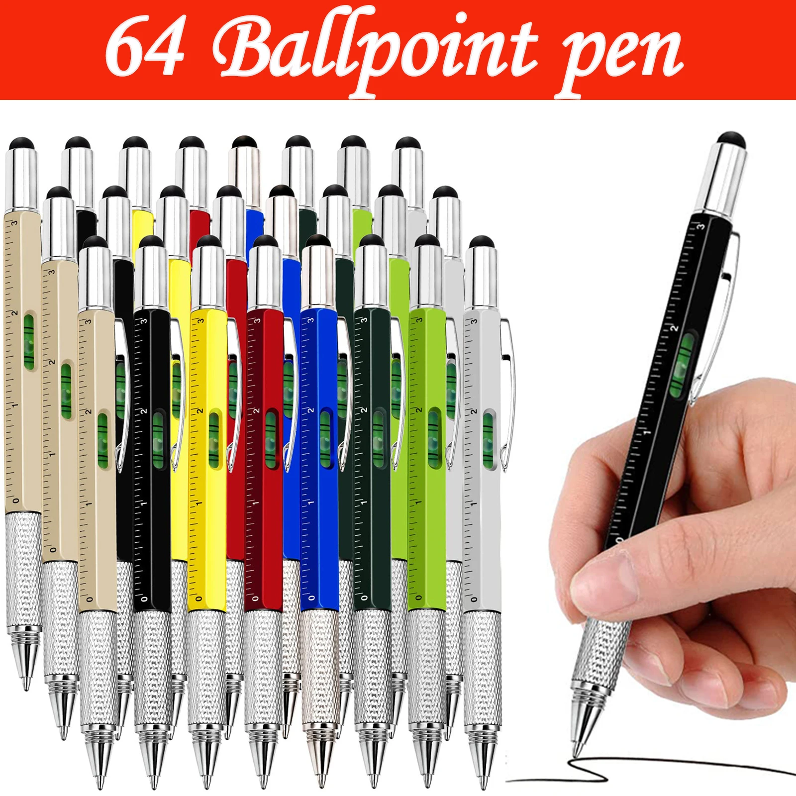 

64Pcs Multifunctional Ballpoint pen Black ink With Screwdriver Ruler Spirit Level Touch Screen Tool Pens Stylus Stationery