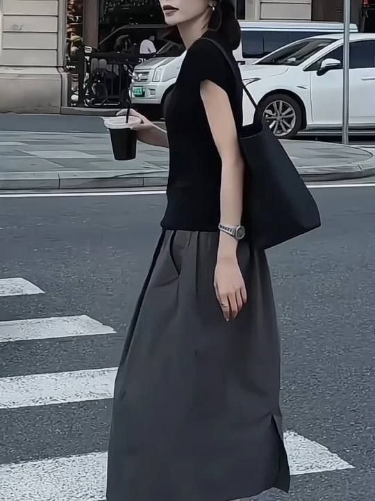 Falda acampanada de cintura alta para mujer, novedad de verano, cintura elástica, ropa de trabajo informal adelgazante, falda por debajo de la rodilla Ele Commute