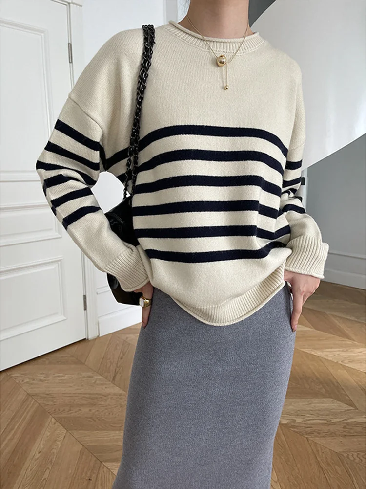 

Black Striped Casual Knitting Sweater Round Neck Long Sleeve Women Pullovers New Fashion Tide Autumn Winter O526