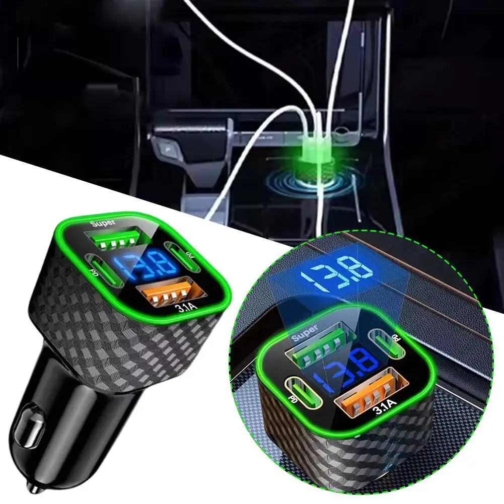 380W Car Mobile Phone Charger Dual PD Dual Type-C 4-in-1 Digital Display Auto Charger DC 12V/24V Super Fast Charge Adapter