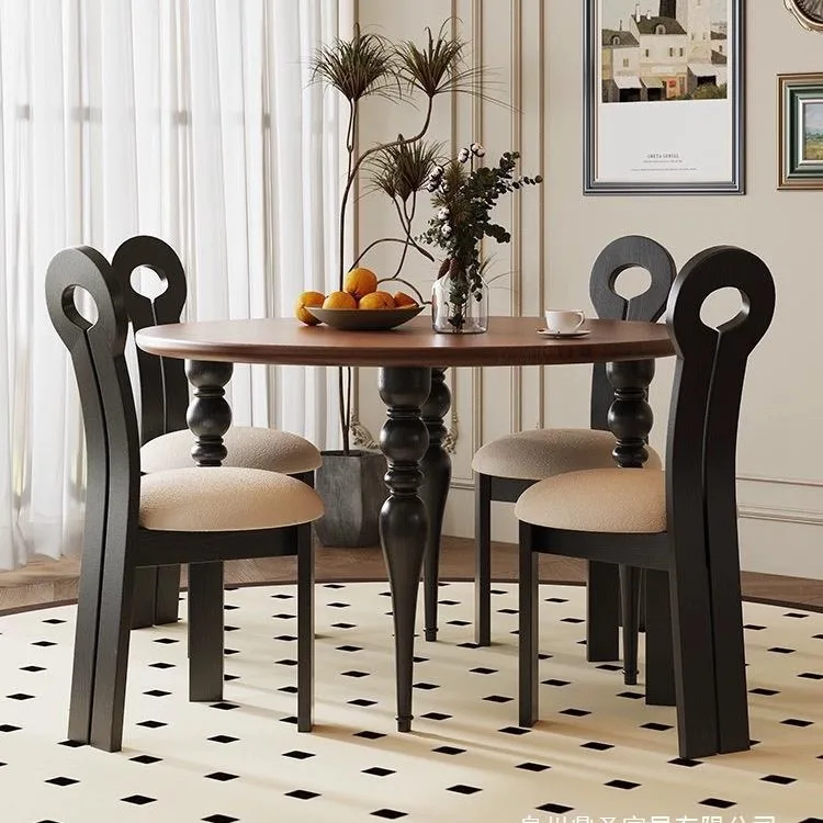 French medieval all-solid wood round dining table, light luxury American dining table, household small apartment round table and
